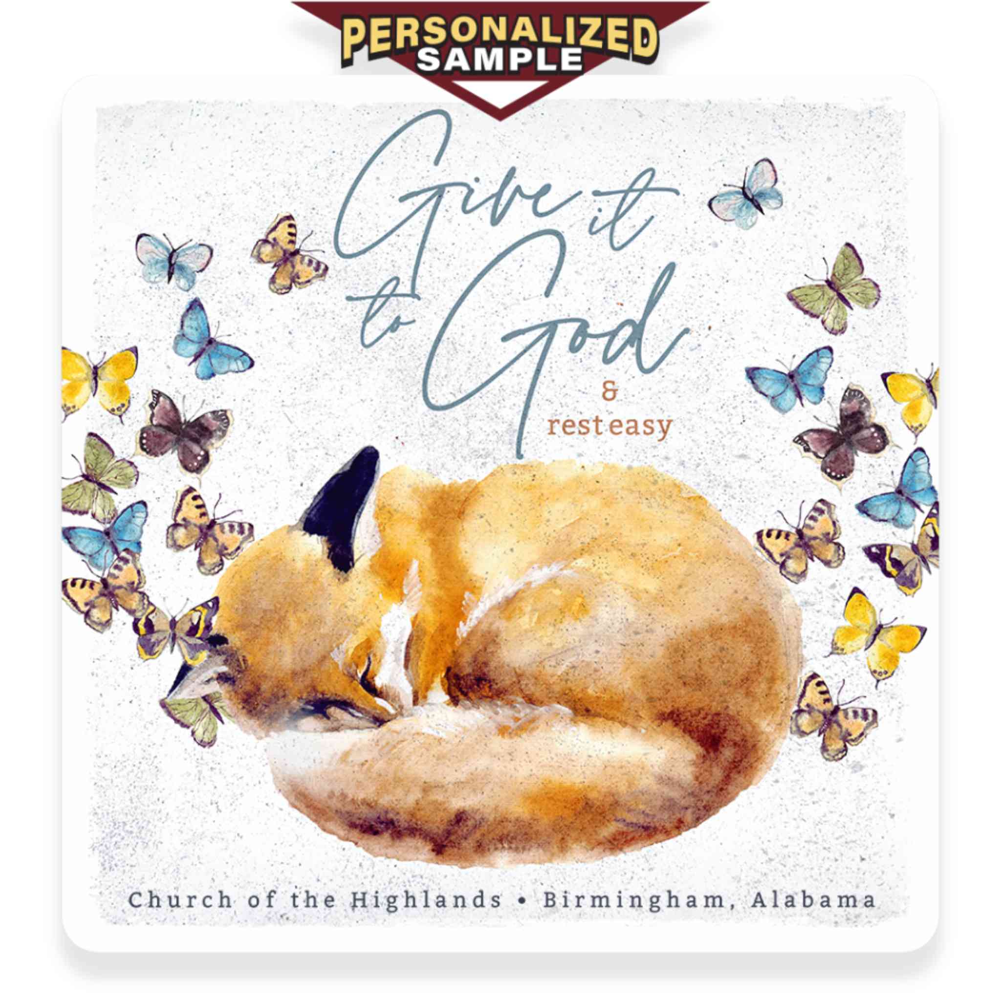 Personalized example of Sunshine Corner's customizable, christian sign and baby shower gift decor that says, "Give it to god & rest easy - Church of the highlands - Birmingham, alabama".